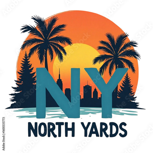 New york city skyline with palm trees and a vibrant sunset over water