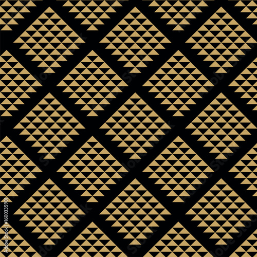 Geometric vector seamless pattern with crossed lines, triangles, squares abstract background. Simple minimalistic black and gold design. Single color, black and gold.