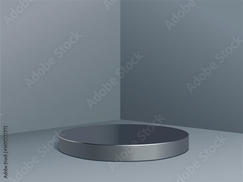 empty round silver podium with backdrop 