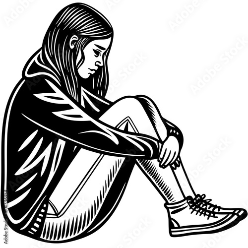 Vector art of a young woman in a hoodie jeans sits with her knees hugged looking down