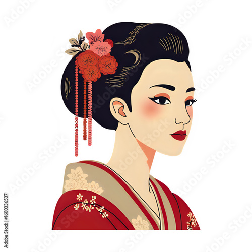 Elegant japanese woman in traditional kimono with floral hair ornament