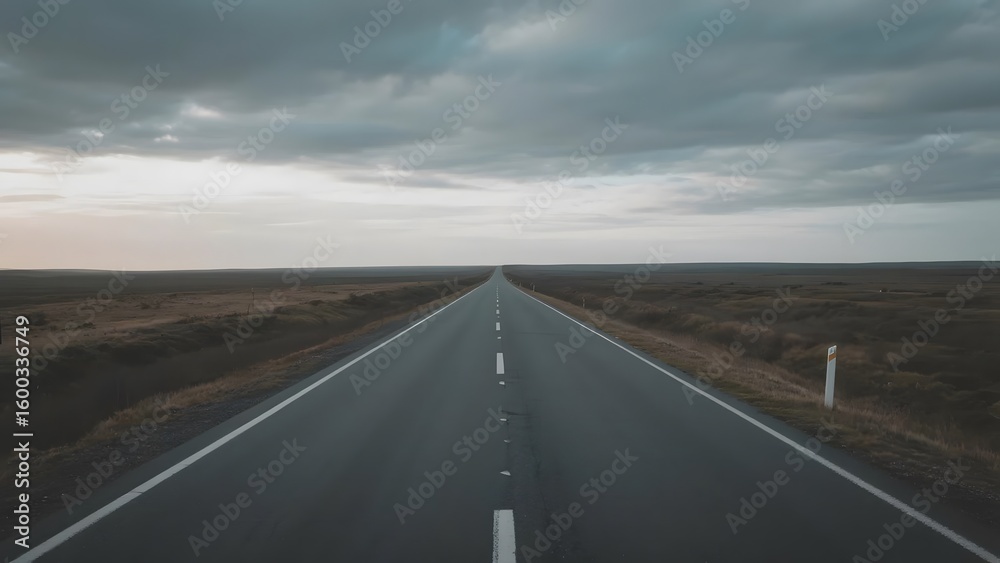 Naklejka premium Straight Road Stretching into the Horizon Under a Cloudy Sky