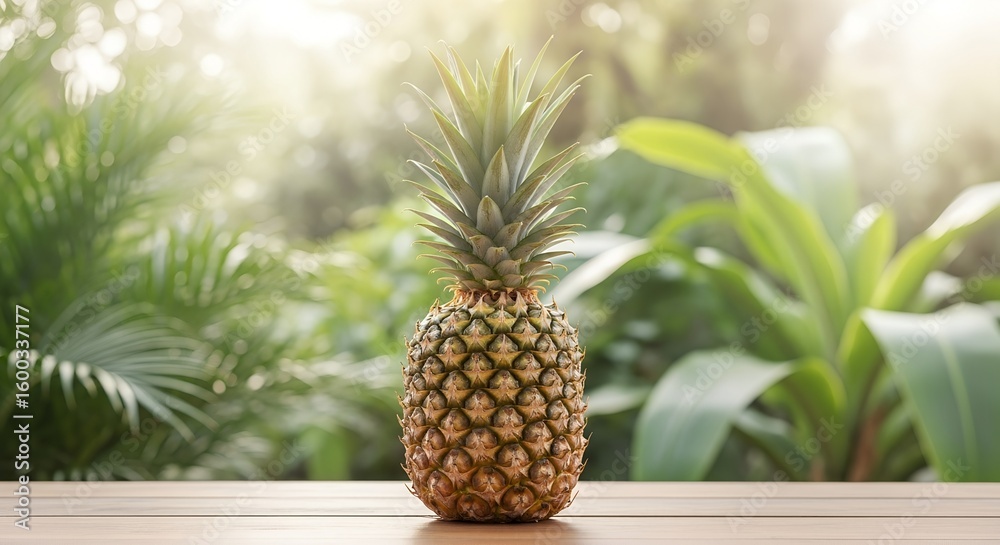 Fototapeta premium Fresh pineapple on wooden table with tropical greenery in background