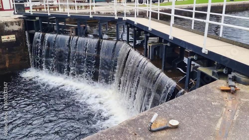 Serene Waterfall Over Industrial Dam with Metal Walkway and Flowing Water