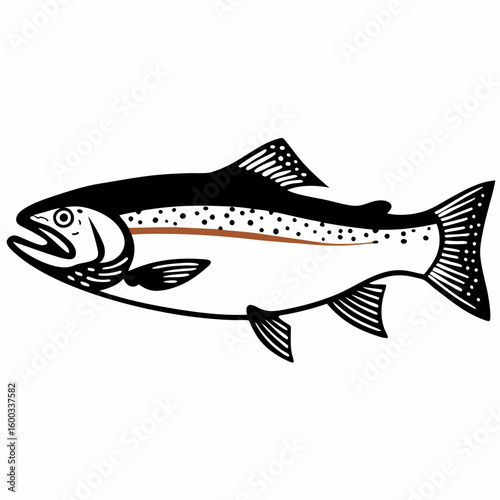 Vector art of a stylized black white illustration of a trout or salmon fish with spots