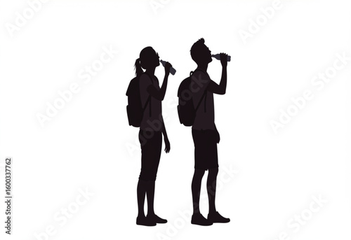vector silhouette of a man and woman tourists standing drinking water on a white background .Generative AI
