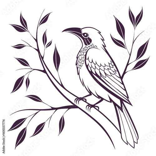 Vector art of a stylized illustration of a bird with detailed plumage perched on a