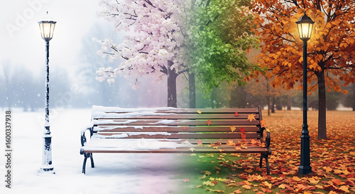 City park bench through four seasons with changing lamppost illustration