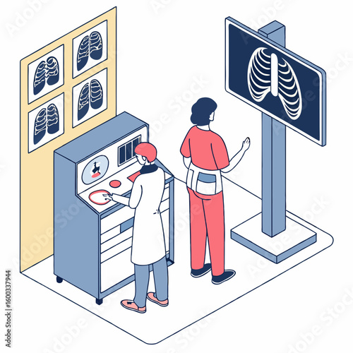 Vector art of a doctor operates a medical scanner a patient stands near a large screen