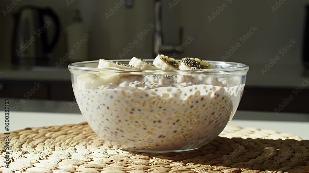 Healthy breakfast bowl with oatmeal yogurt chia seeds and banana on a kitchen counter food photography