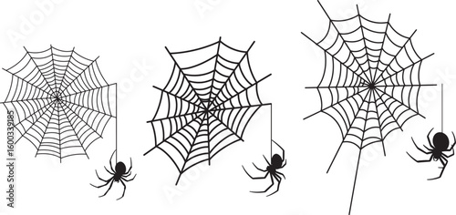 Three detailed spiderwebs with spiders silhouette