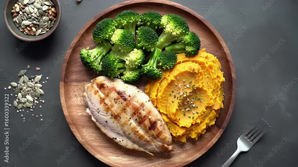 Healthy grilled chicken with sweet potato puree and broccoli diet food mealtime image