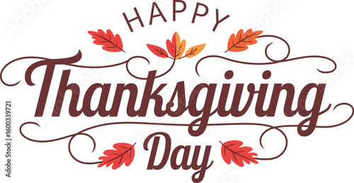 Happy Thanksgiving Day Typography text with Autumn Leaves Vector