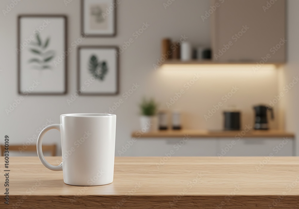 Fototapeta premium White coffee mug mockup on a wooden table. Blank ceramic cup for product design template against a blurred modern kitchen background.
