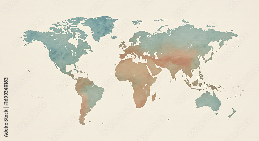 Fototapeta premium Watercolor world map depicts continents in shades of blue, brown, and beige on a textured background.