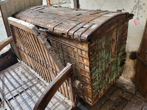 wooden vintage medieval forged metal chest