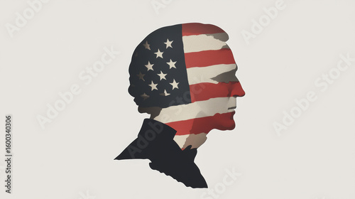 Illustrated silhouette of historical figure with American flag overlay, symbolizing patriotism and national identity. design evokes sense of pride and heritage