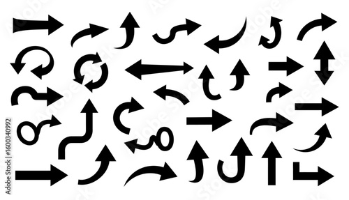 A collection of various black arrow silhouettes vector.