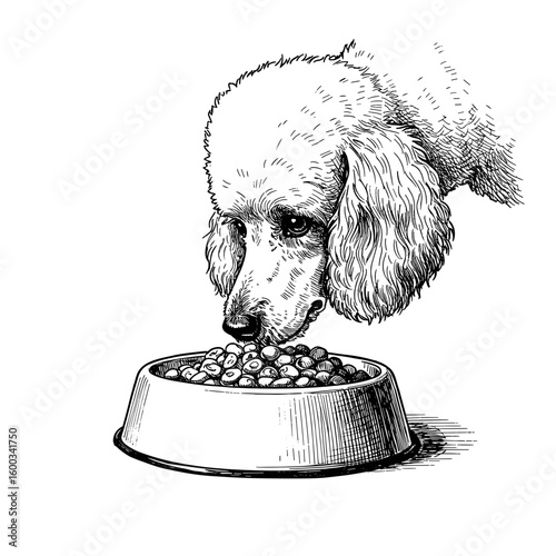Vintage ink sketch Poodle dog eating dry kibble from bowl – hand-drawn black and white illustration, vector engraving, woodcut style