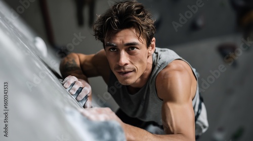 Intense focus in indoor rock climbing activity and determination face expression