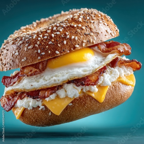 Hyper-Realistic Floating Bagel with Bacon and Egg, Aerial View, on Light Blue Background