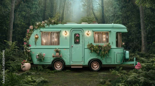 Enchanted Forest Caravan: A whimsical teal caravan adorned with flowers, nestled in a mystical forest.  Perfect for fairytale escapes and dreamy adventures.