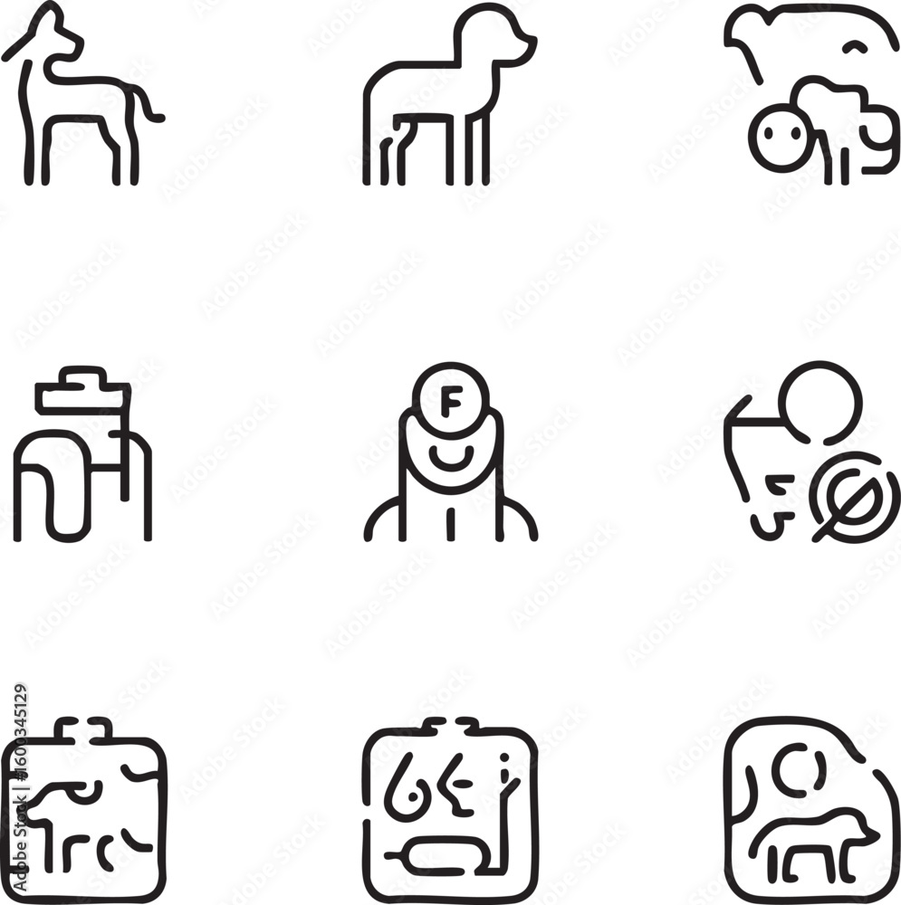 Fototapeta premium Pet veterinary medicine vector icon set outline style dog,cat,pet food,vet,animal clinic,xray,livestock,animal healthcare,pet grooming,adoption,veterinary medicine icon set