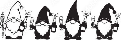 Four gnomes holding champagne bottles and glasses silhouette