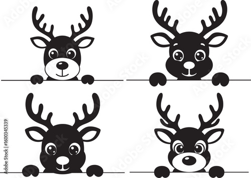 Four adorable reindeer faces peeking over a line silhouette