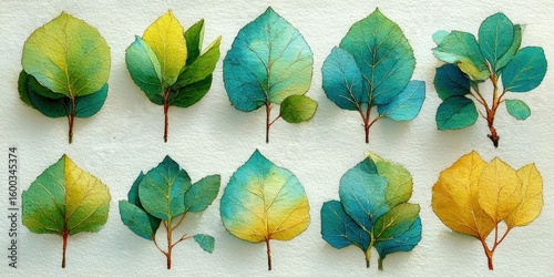 Watercolor Clipart Set of Eucalyptus Leaves in Soft Green and Light Blue, Isolated on White Background