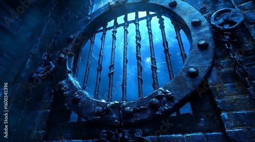 An aged steel portal reveals a watery vista beyond the bars