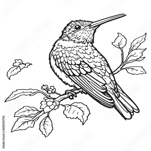 Black chinned Hummingbird line art hovering rapid wings flutter