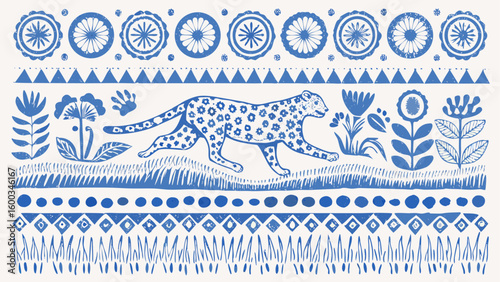 Blue and white folk art illustration featuring a leopard flowers and geometric patterns in a border design silhouette