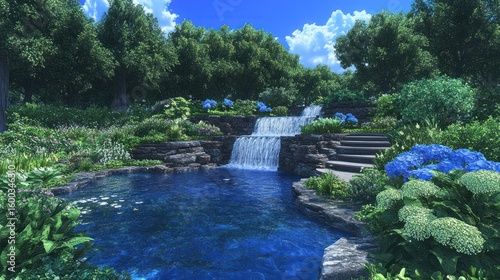 Serene Waterfall Oasis: A Digital Landscape of Tranquility