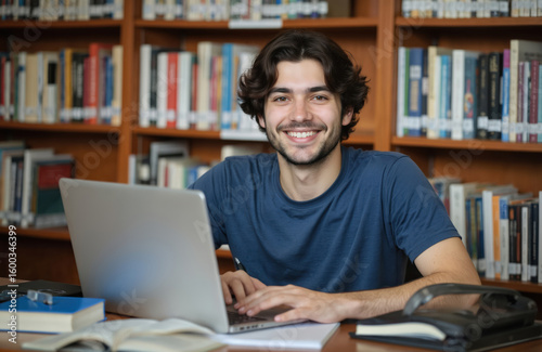 Young international smiling student works on laptop in university library. He studies, researches, writes notes for online lessons. Focused on academic success, learning, cognition, tech progress.