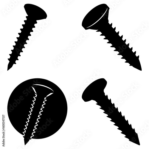 Silhouette depiction of four screws with visible threads and varied orientations on a white backdrop