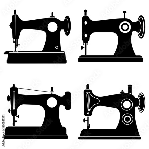 Four vintage sewing machines in silhouette showcasing different designs and mechanisms in black and white style