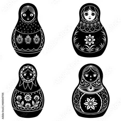 Four black and white matryoshka dolls with floral and geometric patterns on a white background design art