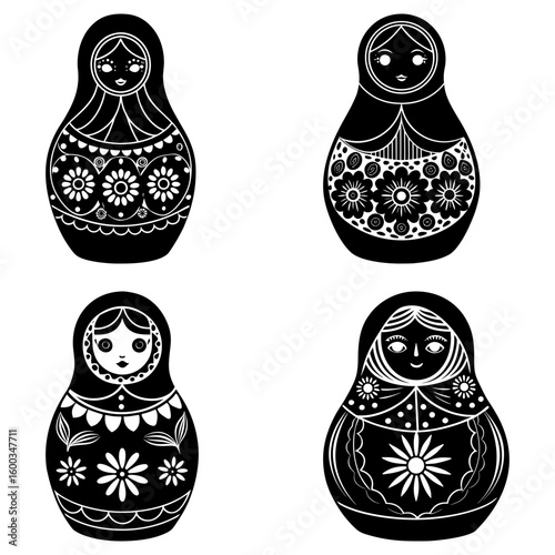 Illustration of four black and white matryoshka dolls with floral and decorative patterns on a white background