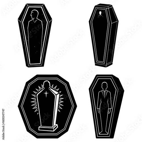 Illustration of four coffins each containing a different depiction of a person inside in black and white