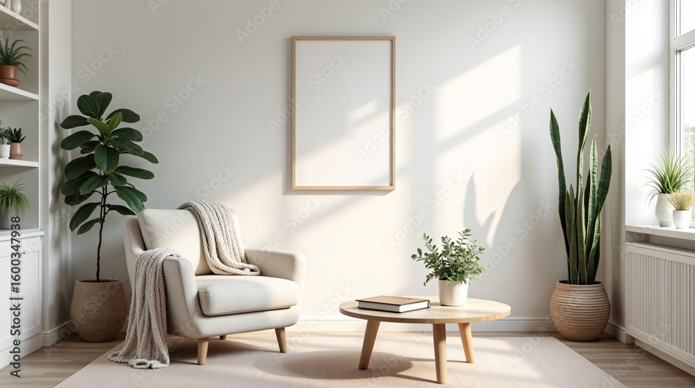 Fototapeta premium Scandinavian-inspired living room with soft armchair, textured throw, leafy plants, paper calendar, and clean table setup – no tech in sight, pure minimalist lifestyle