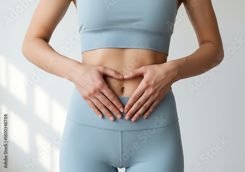 Young woman making heart shape over flat stomach — natural wellness in sunlight