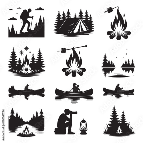 Vector art of a captivating montage of outdoor adventure silhouettes, featuring camping, hiking, canoeing, and campfires in natural settings