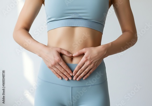 Fit woman in blue activewear making a heart shape with hands on her flat stomach, a concept of gut health and self-love.