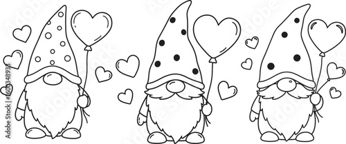 Three gnomes holding heart balloons silhouette