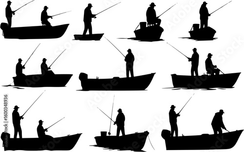 vector silhouette of a fisherman on a boat on a white background .Generative AI
