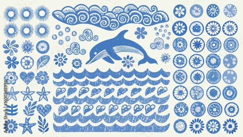 Illustration of a dolphin jumping over waves surrounded by floral and nautical themed decorative elements silhouette