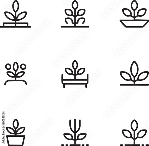 Plant and seedling vector icon set outline style,minimalist design growing,sprout,leaves,flower pot,cultivate,farming,agriculture,ecology,nature,gardening,growth,botanical icon set