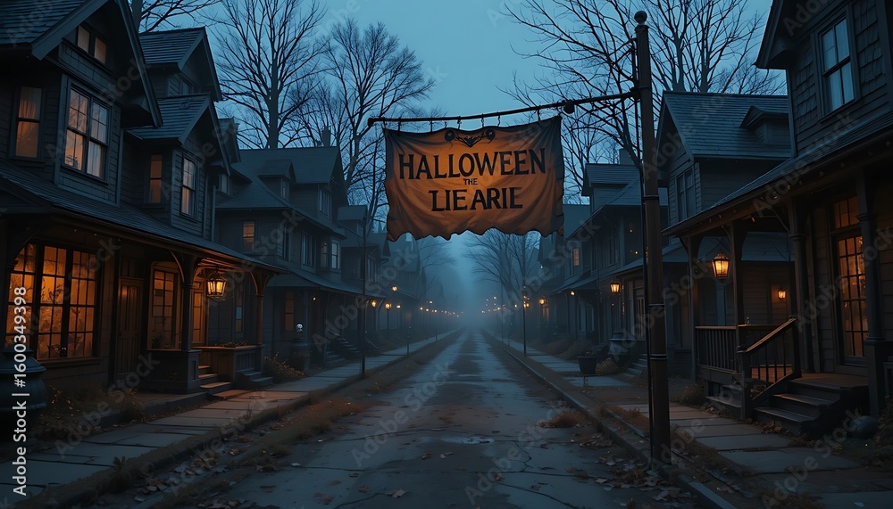 Naklejka premium Spooky Halloween Street Scene with Vintage Banner and Foggy Atmosphere