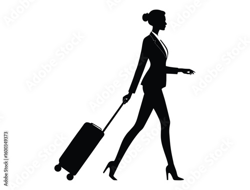 silhouette of a woman walking with a suitcase